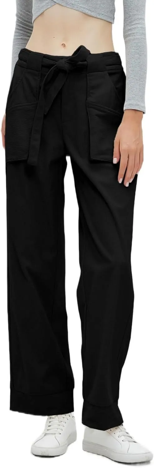 Women's Corduroy Pants Straight Leg Elastic High Waist Belt Cord Pants Trousers with Pockets