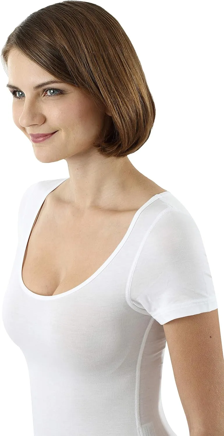Women's deep Scoop Neck Business Undershirt with Short Sleeves Micromodal Light White
