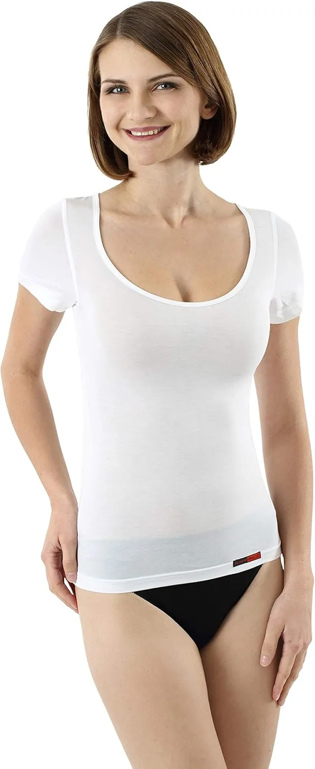 Women's deep Scoop Neck Business Undershirt with Short Sleeves Micromodal Light White