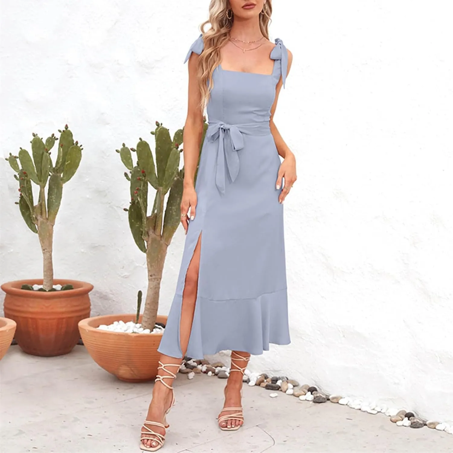 Women's Elegant Bridesmaid Dresses Square Neck Ruffle Split Midi Formal Dress for Wedding Guest Cocktail Casual