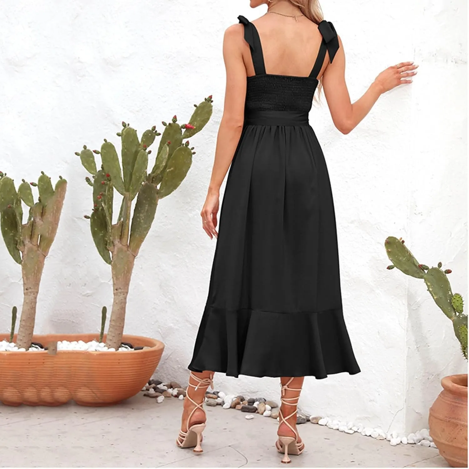 Women's Elegant Bridesmaid Dresses Square Neck Ruffle Split Midi Formal Dress for Wedding Guest Cocktail Casual