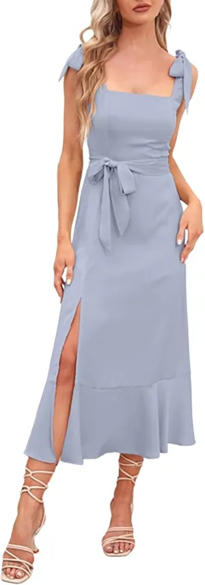 Women's Elegant Bridesmaid Dresses Square Neck Ruffle Split Midi Formal Dress for Wedding Guest Cocktail Casual