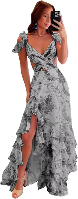Women's Floral Prom Dresses Ruffles Chiffon V Neck Bridesmaid Dress Ruched Tiered Formal Evening Party Gowns