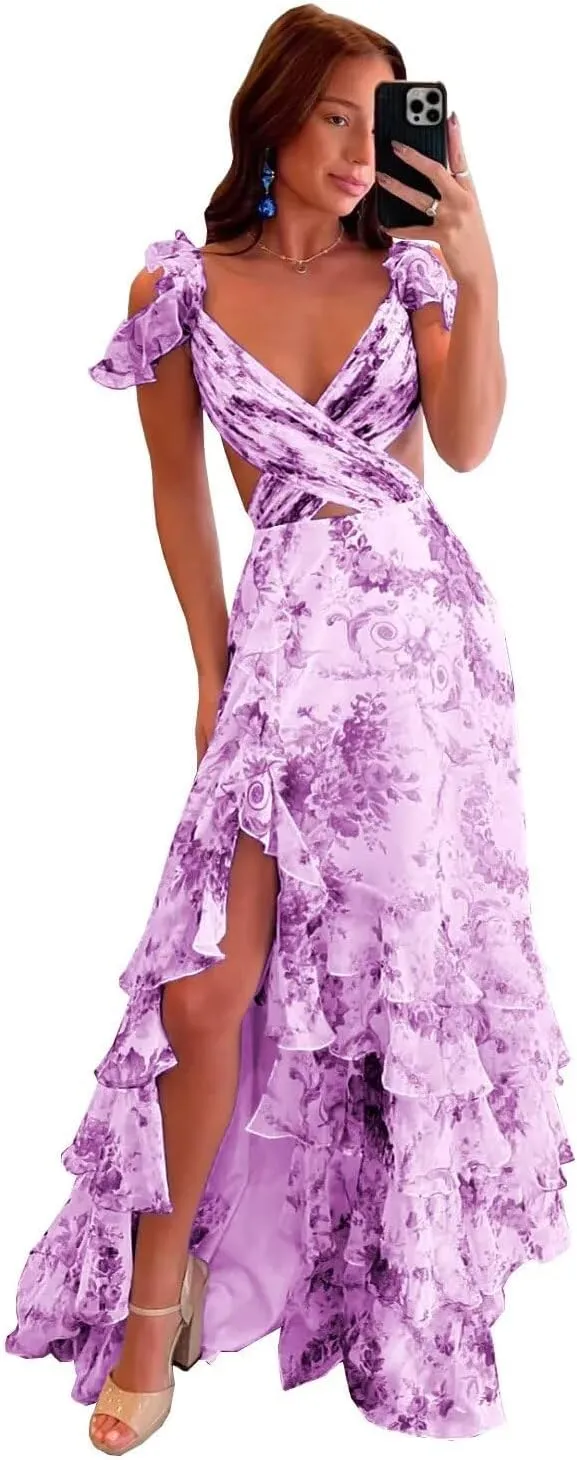 Women's Floral Prom Dresses Ruffles Chiffon V Neck Bridesmaid Dress Ruched Tiered Formal Evening Party Gowns