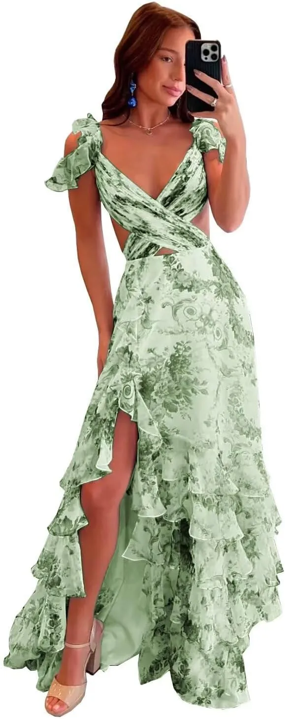 Women's Floral Prom Dresses Ruffles Chiffon V Neck Bridesmaid Dress Ruched Tiered Formal Evening Party Gowns