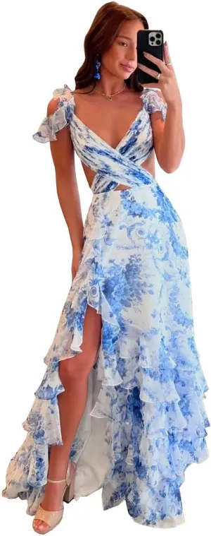 Women's Floral Prom Dresses Ruffles Chiffon V Neck Bridesmaid Dress Ruched Tiered Formal Evening Party Gowns