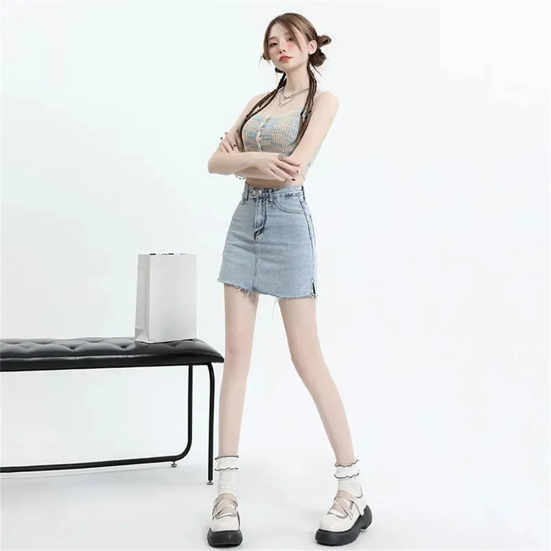 Women's High-Waisted Double-Buttoned Side Slit Denim Mini Dress Jeans Skirts Fashionable Casual Skirts