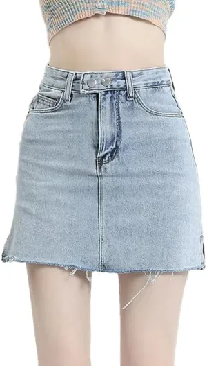 Women's High-Waisted Double-Buttoned Side Slit Denim Mini Dress Jeans Skirts Fashionable Casual Skirts
