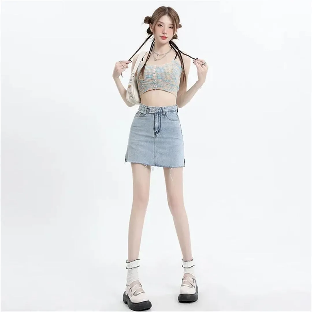 Women's High-Waisted Double-Buttoned Side Slit Denim Mini Dress Jeans Skirts Fashionable Casual Skirts