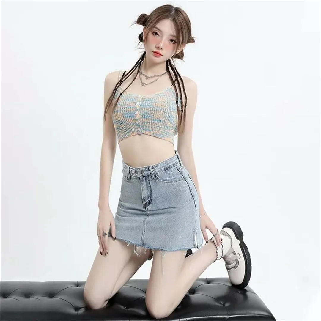 Women's High-Waisted Double-Buttoned Side Slit Denim Mini Dress Jeans Skirts Fashionable Casual Skirts