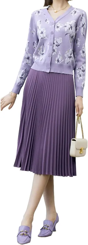 Women's High Waisted Pleated Midi Skirt with Zipper Closure, Solid Color