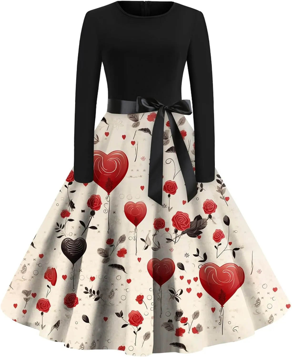 Women's Long Sleeve Vintage Swing Dress with Heart Print, Elegant A-Line Midi Dress for Party and Casual Wear