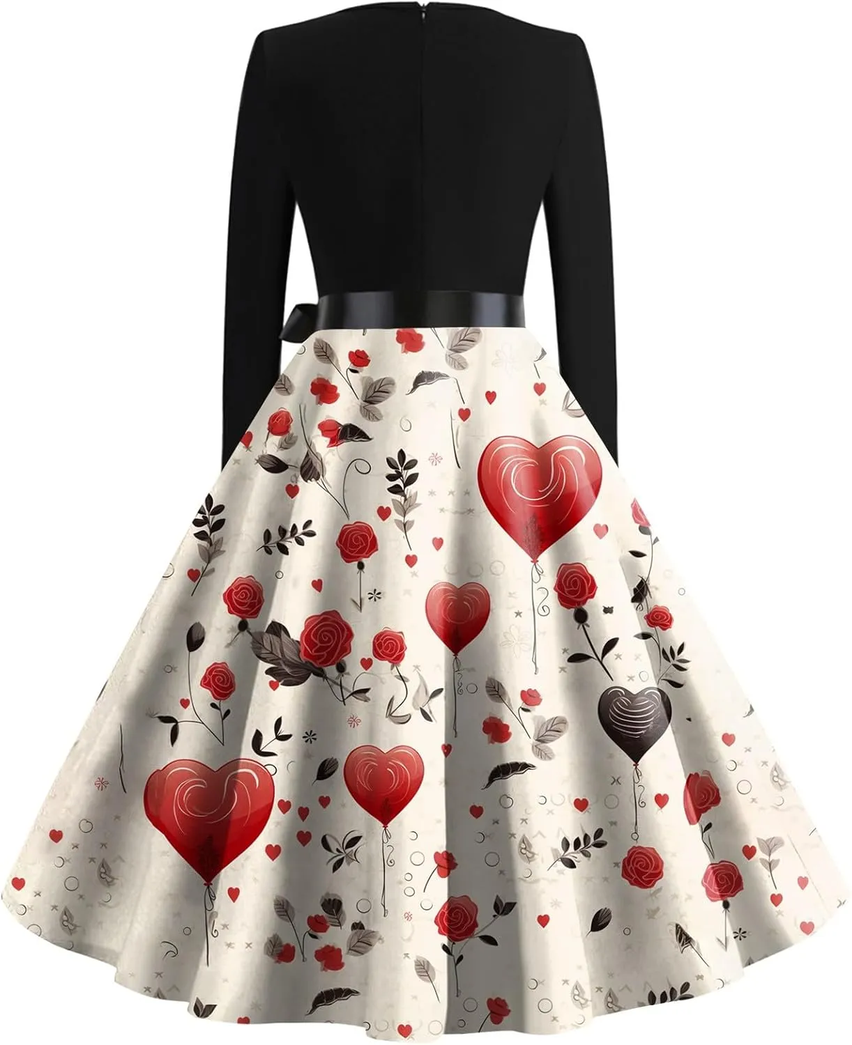 Women's Long Sleeve Vintage Swing Dress with Heart Print, Elegant A-Line Midi Dress for Party and Casual Wear