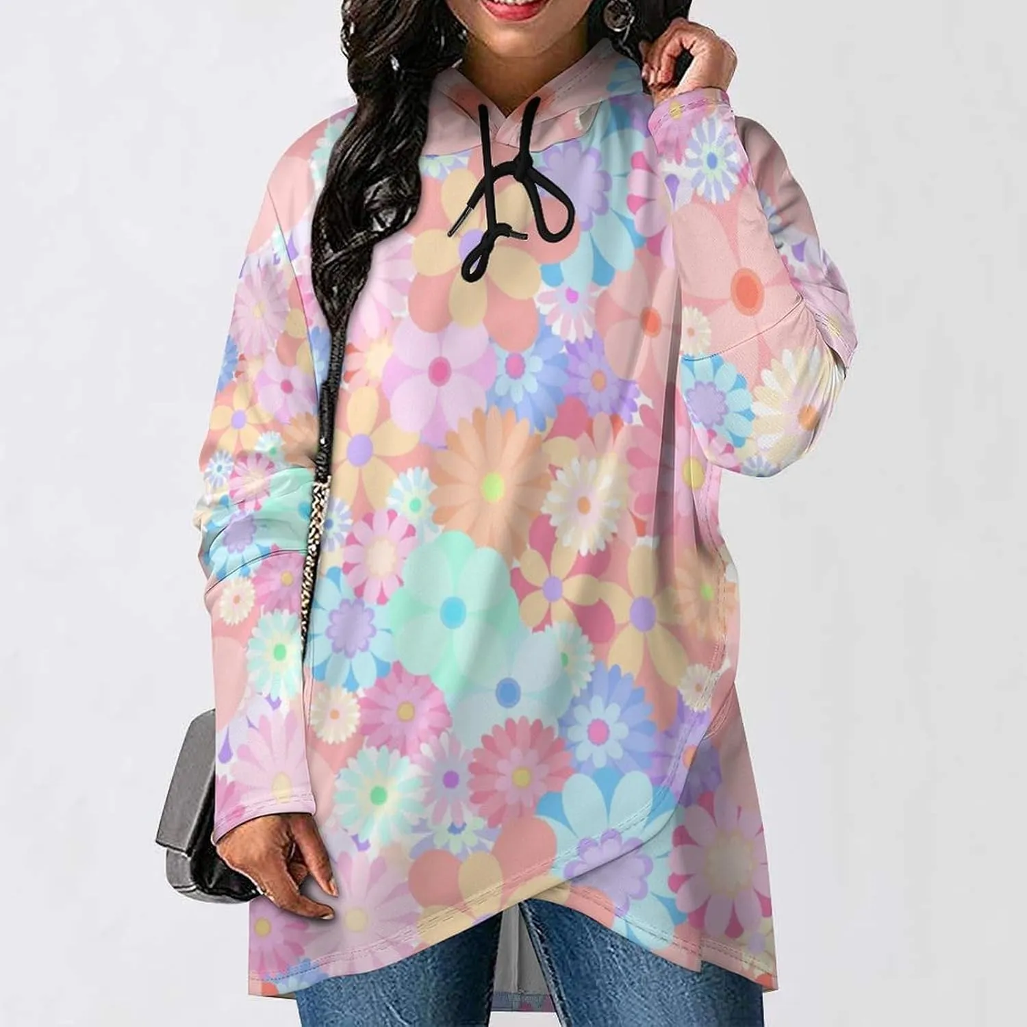 Women's Long Sleeves Cape Style Pink Floral Sweatshirt Decked Retro Lounge