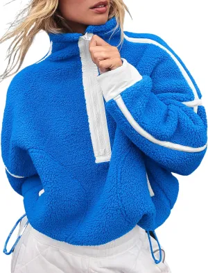 Women's Oversized Fleece Sweatshirt Long Sleeve Half Zip Sherpa Hoodie Fleece Pullover Top With Pockets
