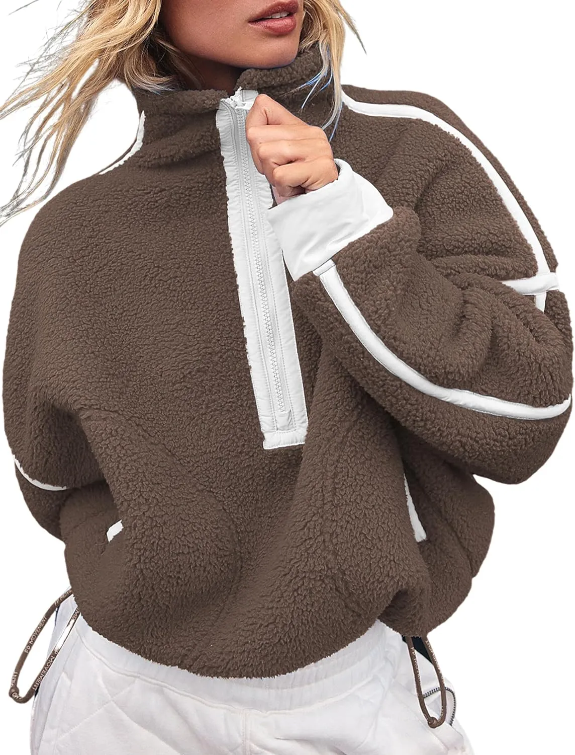 Women's Oversized Fleece Sweatshirt Long Sleeve Half Zip Sherpa Hoodie Fleece Pullover Top With Pockets