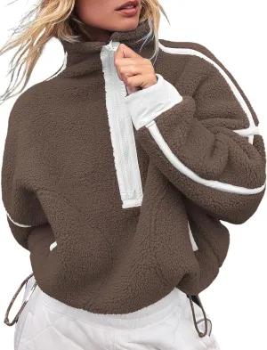 Women's Oversized Fleece Sweatshirt Long Sleeve Half Zip Sherpa Hoodie Fleece Pullover Top With Pockets