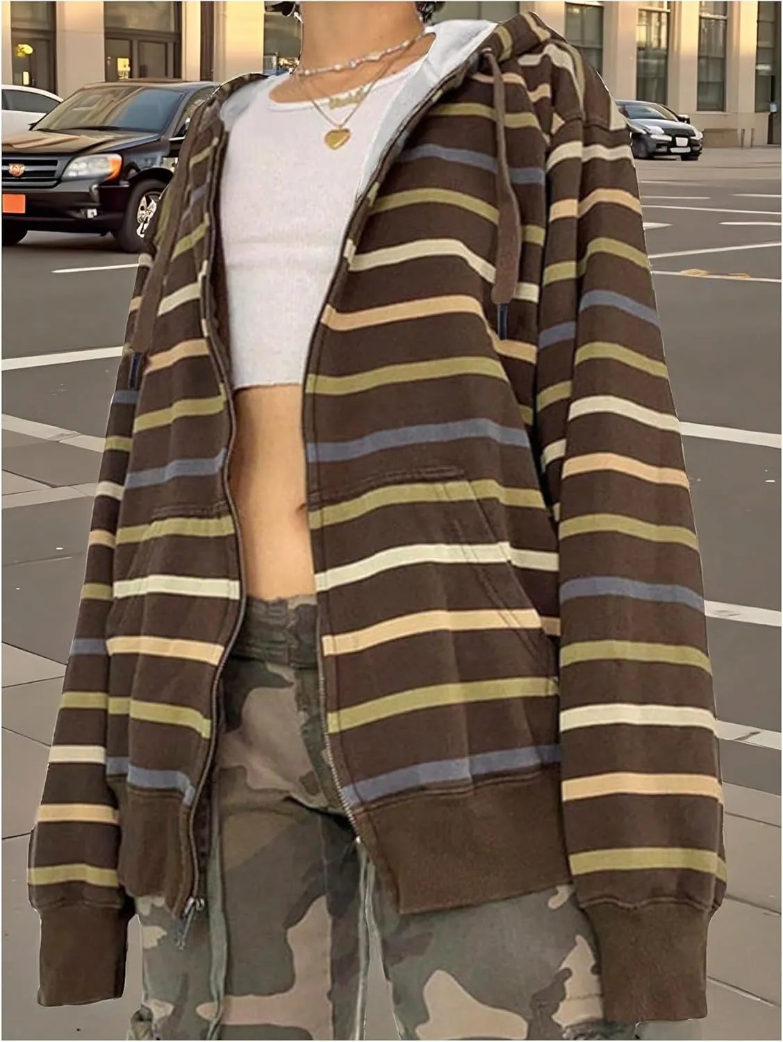 Women's Oversized Striped Hoodie Zip Up Long Sleeve Drawstring Hooded Sweatshirt Vintage Outerwear