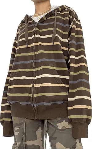 Women's Oversized Striped Hoodie Zip Up Long Sleeve Drawstring Hooded Sweatshirt Vintage Outerwear
