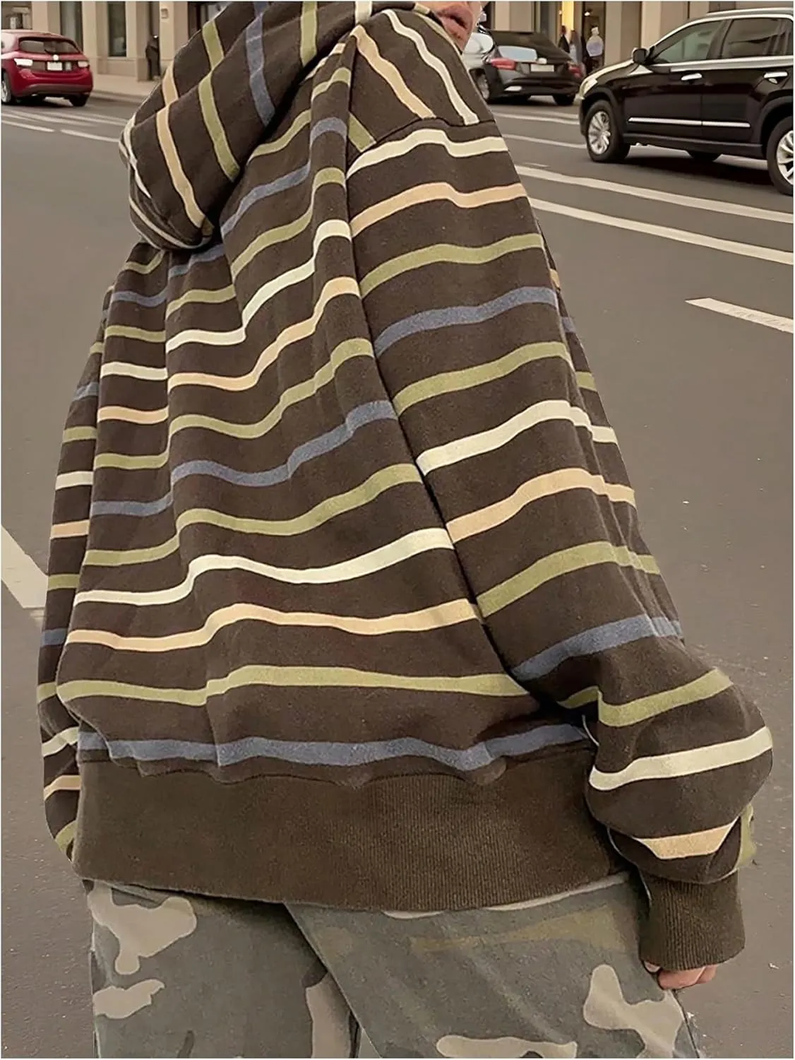 Women's Oversized Striped Hoodie Zip Up Long Sleeve Drawstring Hooded Sweatshirt Vintage Outerwear