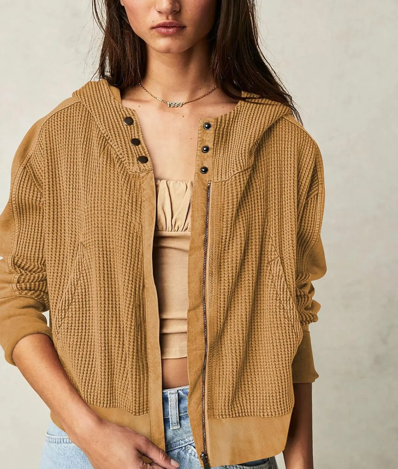 Women's Oversized Zip Up Hoodie Waffle Knit Jacket Button Collar Hooded Sweatshirt Cropped Outerwear With Pockets