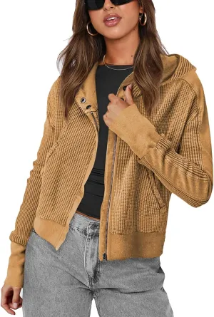 Women's Oversized Zip Up Hoodie Waffle Knit Jacket Button Collar Hooded Sweatshirt Cropped Outerwear With Pockets