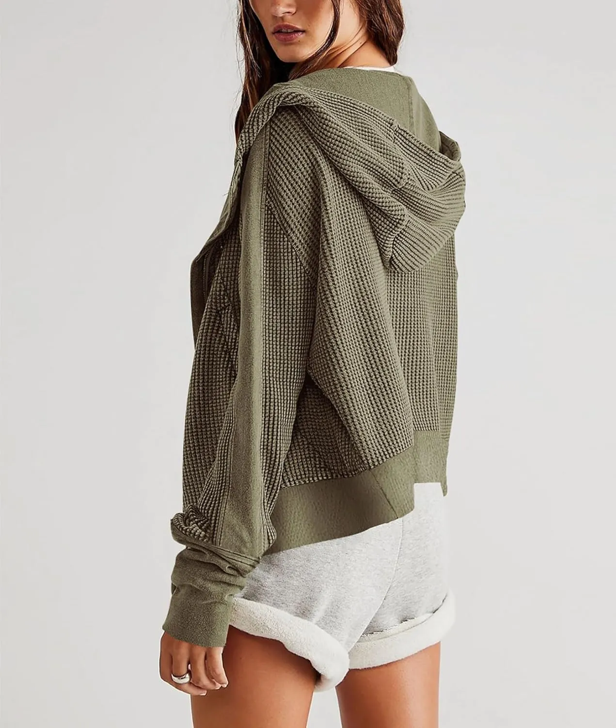 Women's Oversized Zip Up Hoodie Waffle Knit Jacket Button Collar Hooded Sweatshirt Cropped Outerwear With Pockets