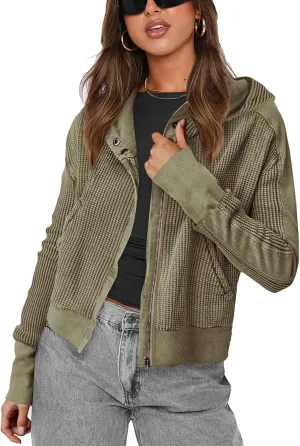 Women's Oversized Zip Up Hoodie Waffle Knit Jacket Button Collar Hooded Sweatshirt Cropped Outerwear With Pockets