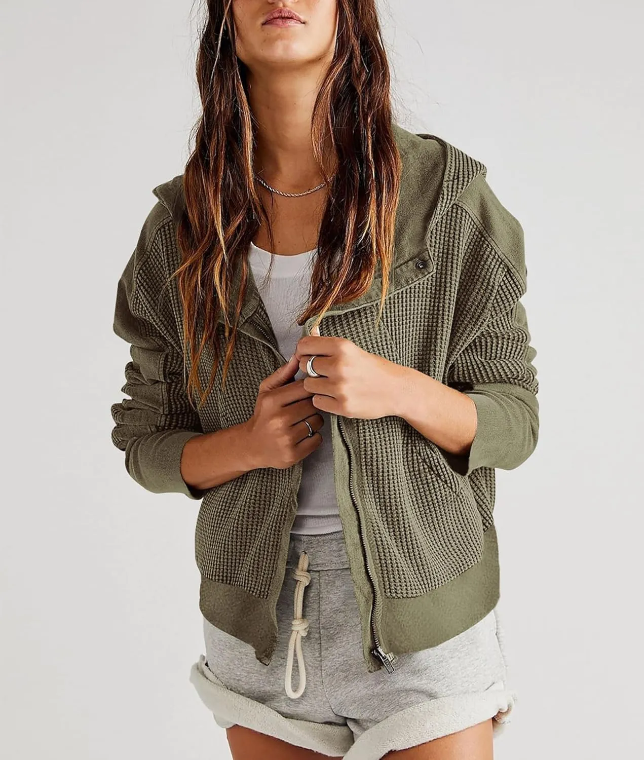 Women's Oversized Zip Up Hoodie Waffle Knit Jacket Button Collar Hooded Sweatshirt Cropped Outerwear With Pockets