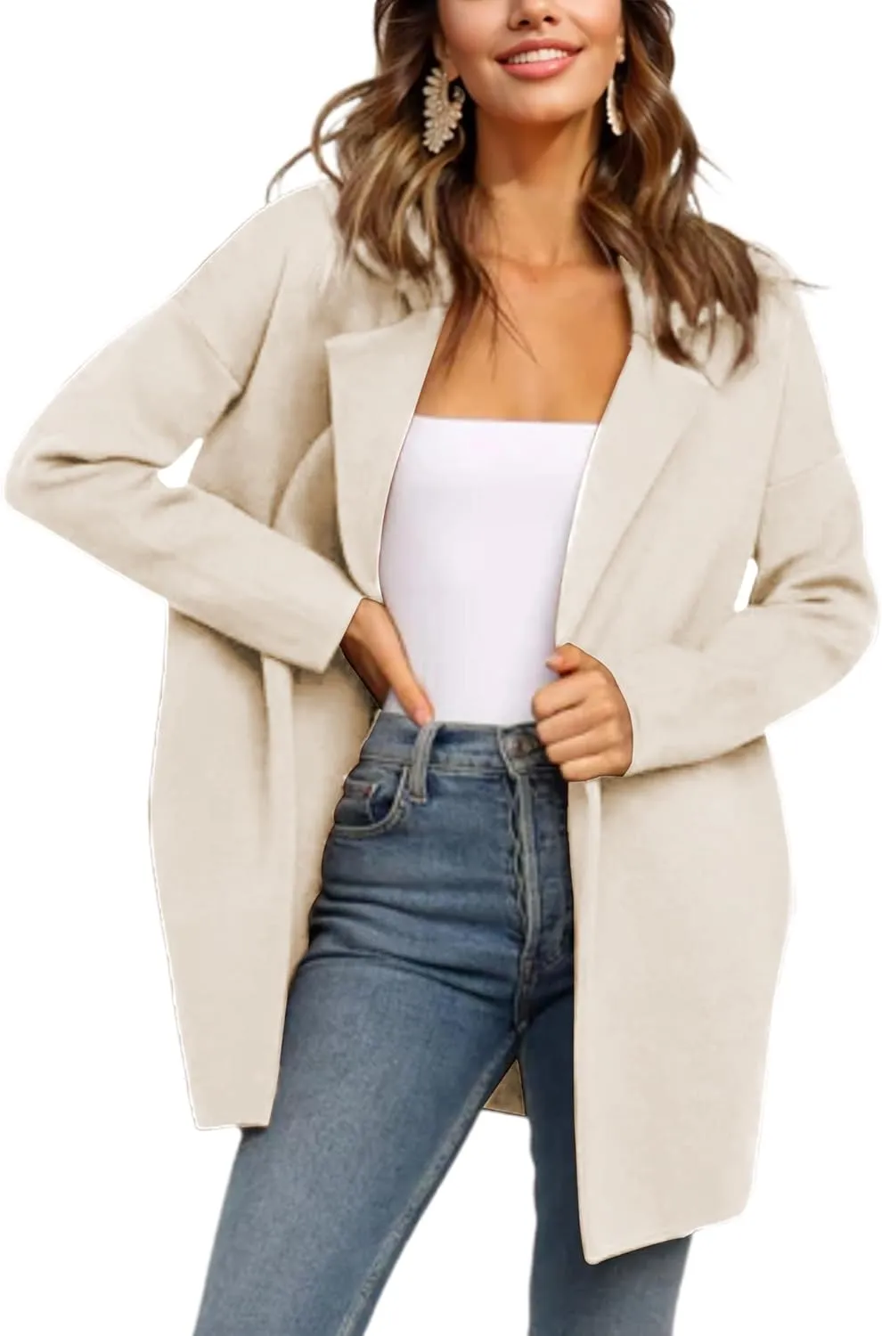 Womens Pea Coat Wool Open Front Solid Color Notch Lapel Mid Long Trench Blazer Overcoat
