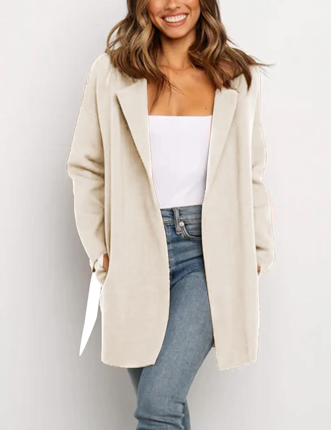 Womens Pea Coat Wool Open Front Solid Color Notch Lapel Mid Long Trench Blazer Overcoat