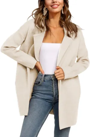 Womens Pea Coat Wool Open Front Solid Color Notch Lapel Mid Long Trench Blazer Overcoat