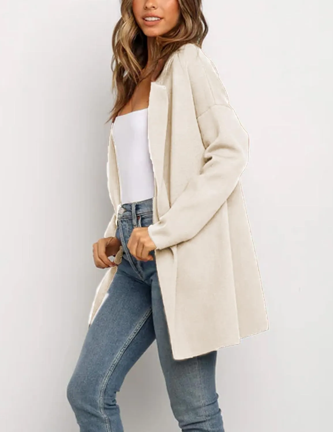 Womens Pea Coat Wool Open Front Solid Color Notch Lapel Mid Long Trench Blazer Overcoat