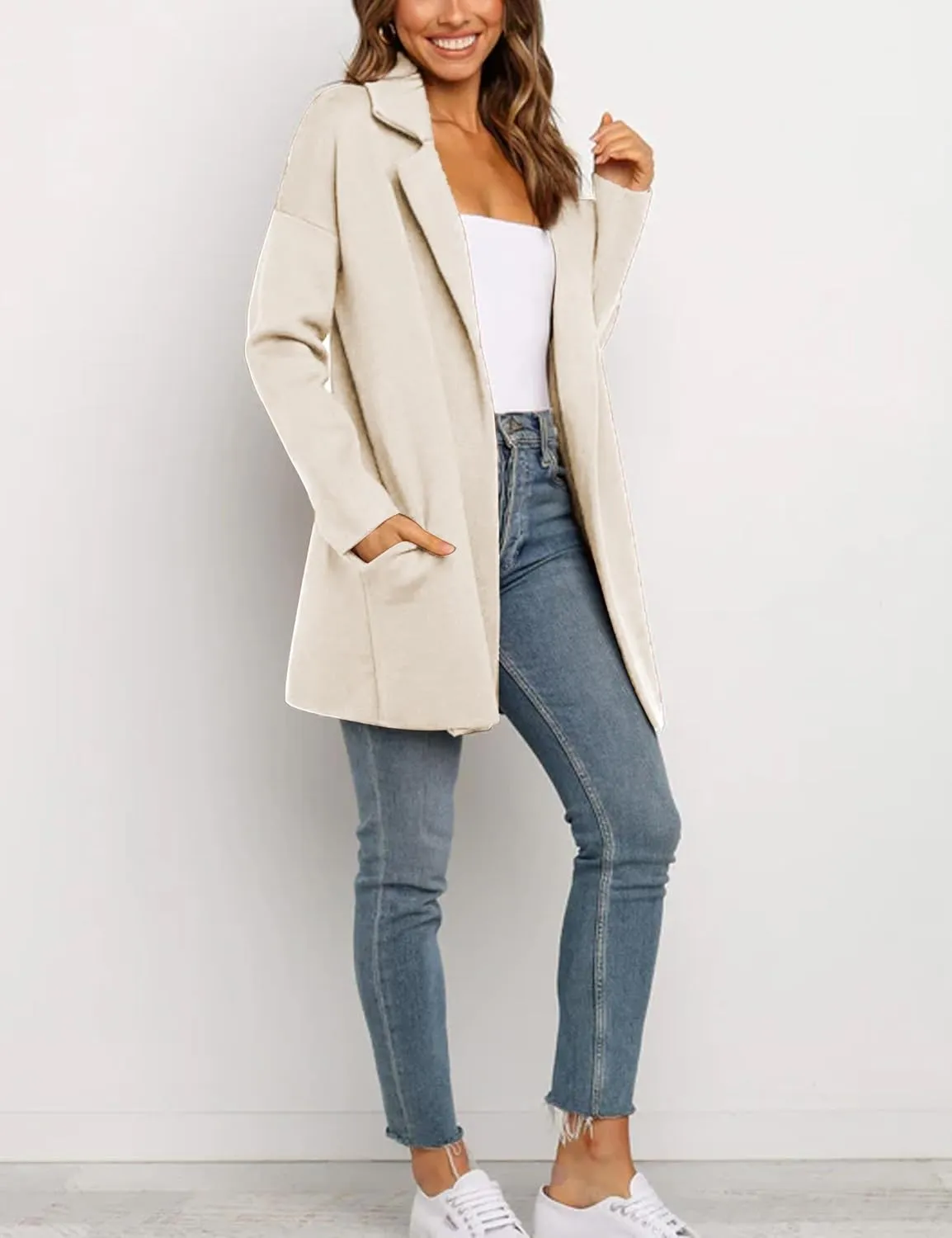 Womens Pea Coat Wool Open Front Solid Color Notch Lapel Mid Long Trench Blazer Overcoat