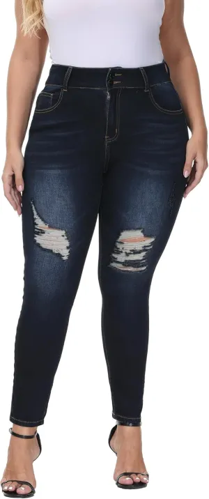 Womens Plus Size Skinny Jeans Stretchy High Waisted Ripped Distressed Ankle Jean