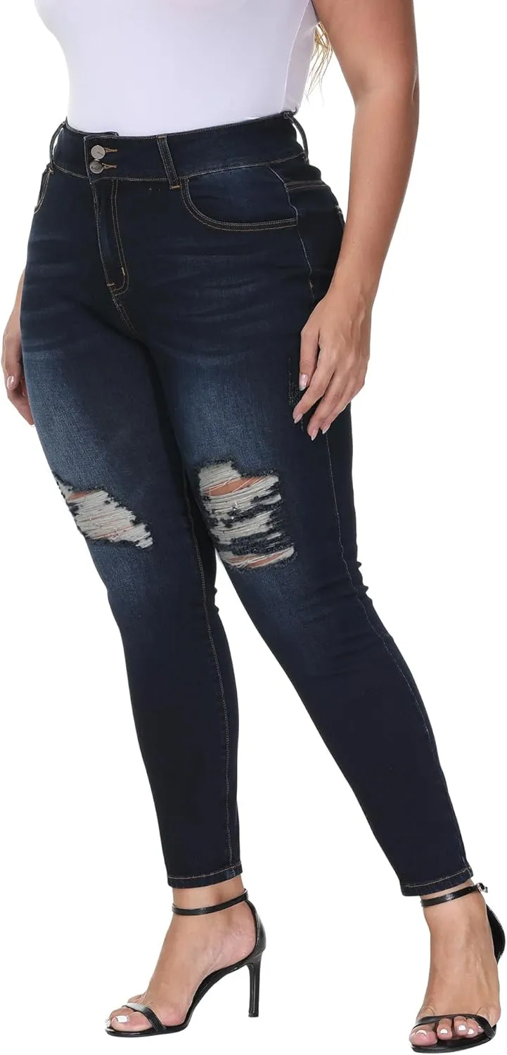 Womens Plus Size Skinny Jeans Stretchy High Waisted Ripped Distressed Ankle Jean