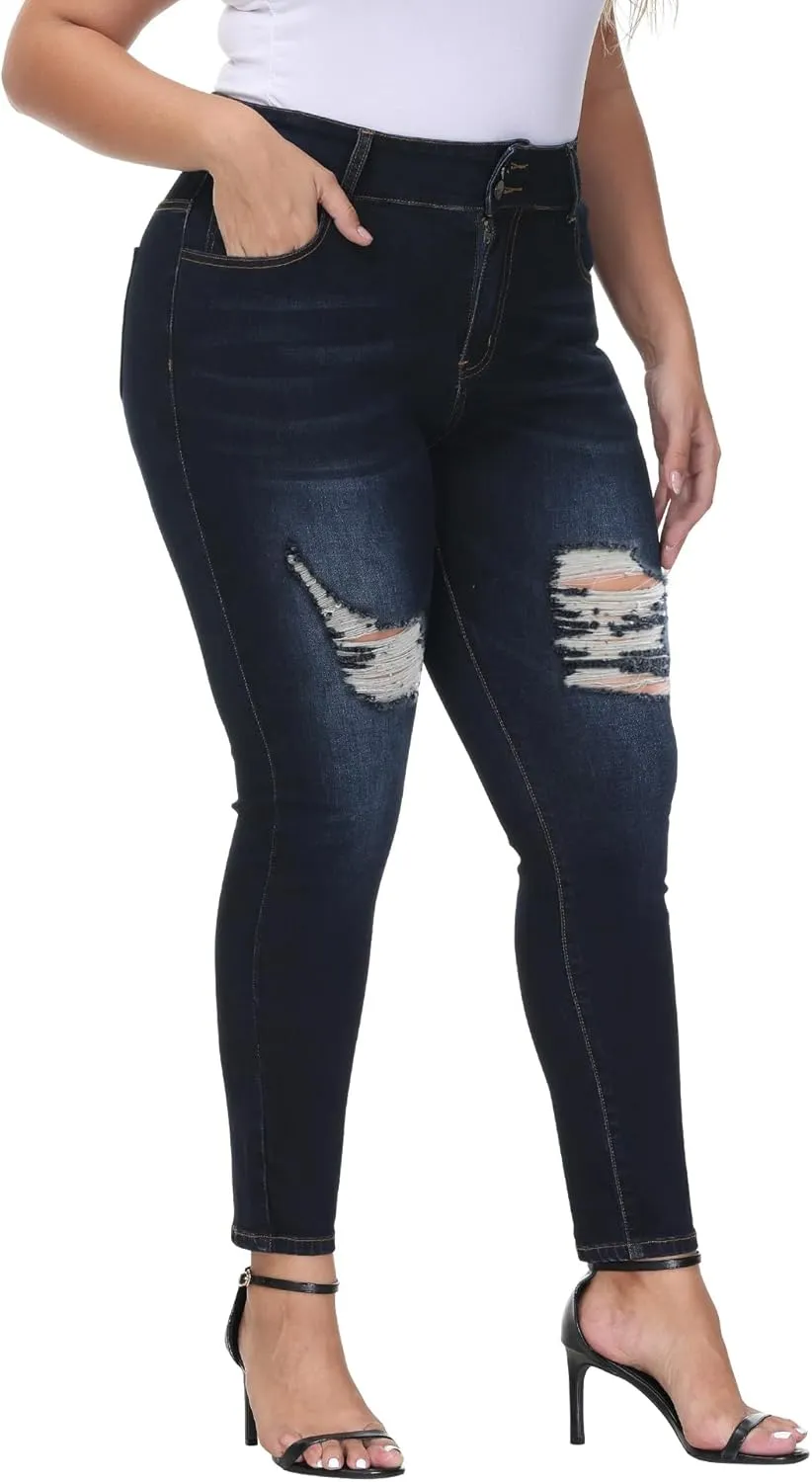Womens Plus Size Skinny Jeans Stretchy High Waisted Ripped Distressed Ankle Jean