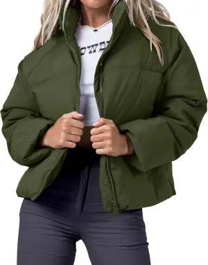 Women's Puffer Jacket Lightweight Oversized Long Sleeve Full Zipper Baggy Short Down Coats with Pockets