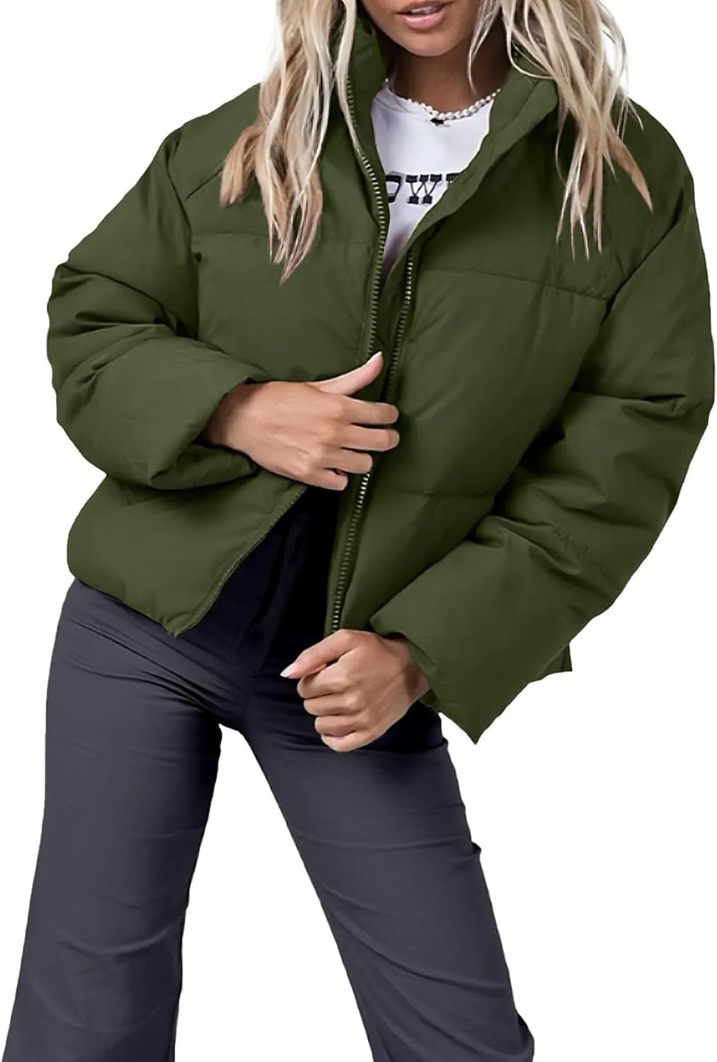 Women's Puffer Jacket Lightweight Oversized Long Sleeve Full Zipper Baggy Short Down Coats with Pockets
