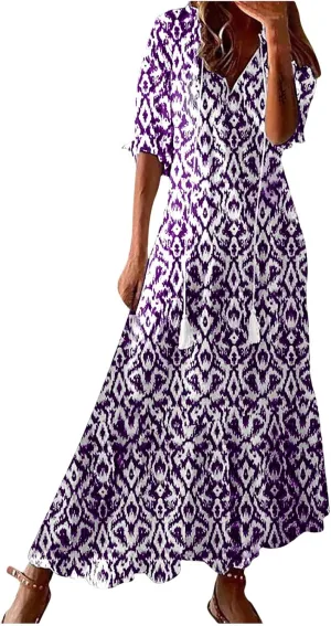 Womens Short Sleeve Trendy 2025 Maxi Dress Boho Print Dresses V-Neck A Line Elegant Beach Dresses