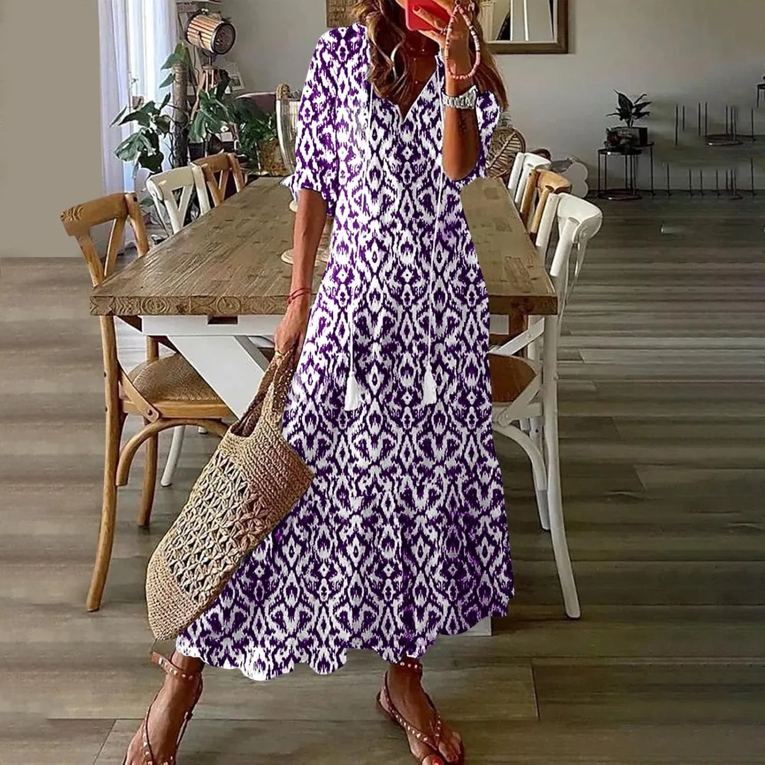 Womens Short Sleeve Trendy 2025 Maxi Dress Boho Print Dresses V-Neck A Line Elegant Beach Dresses