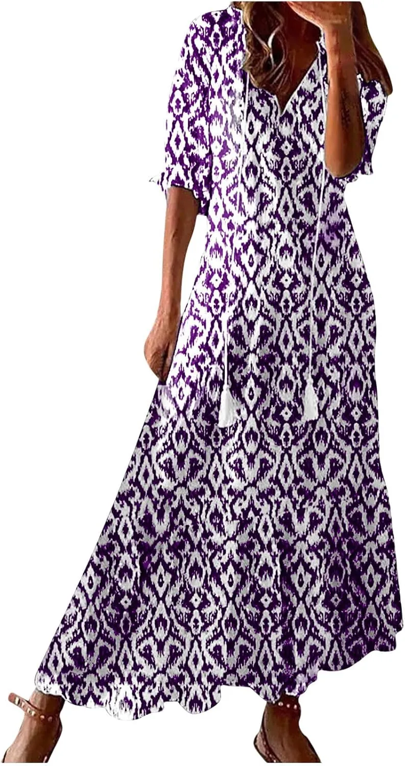 Womens Short Sleeve Trendy 2025 Maxi Dress Boho Print Dresses V-Neck A Line Elegant Beach Dresses