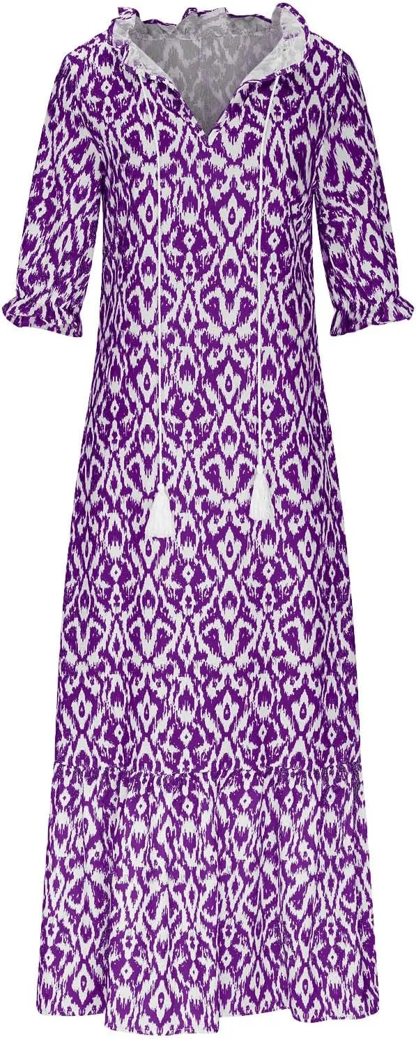 Womens Short Sleeve Trendy 2025 Maxi Dress Boho Print Dresses V-Neck A Line Elegant Beach Dresses
