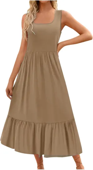 Women's Summer Long Dress Elegant Pleated Sleeveless Square Collar Tank Dress Casual Ruffle Vacation Swing Sundresses