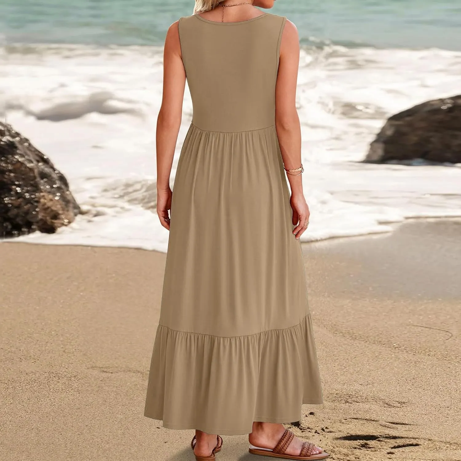 Women's Summer Long Dress Elegant Pleated Sleeveless Square Collar Tank Dress Casual Ruffle Vacation Swing Sundresses