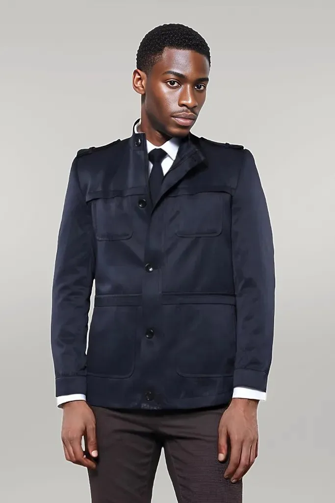 WSS Plain Navy Blue Men Short Coat  - Singen