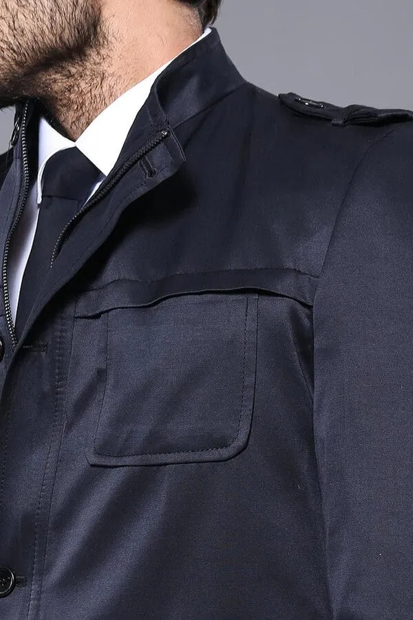 WSS Plain Navy Blue Men Short Coat  - Singen