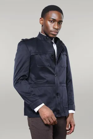 WSS Plain Navy Blue Men Short Coat  - Singen