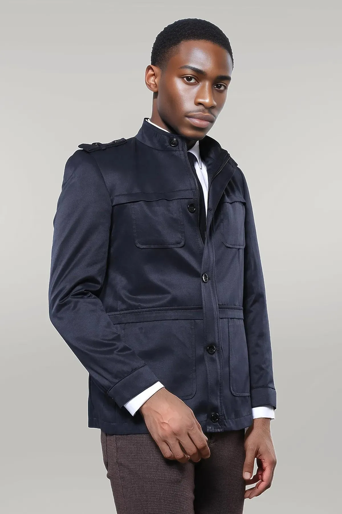 WSS Plain Navy Blue Men Short Coat  - Singen