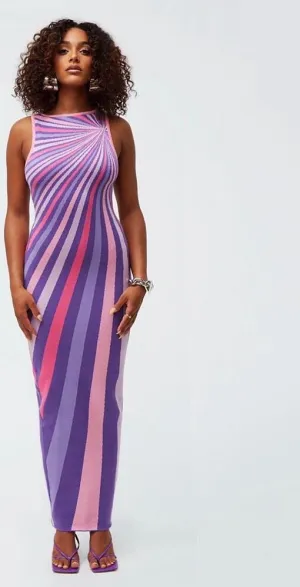 Y2K Striped Print Maxi Dress Women Elegant Colorful Print Sleeveless O-neck Slim Robe Female Midnight Attirewear Clothing